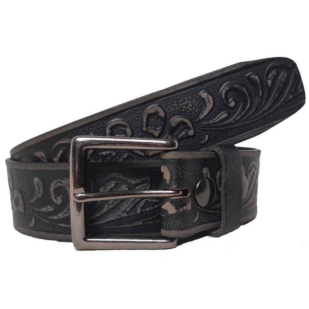 GENUINE COWHIDE LEATHER FLOWER EMBOSSED BELT 440MM BLACK #1040